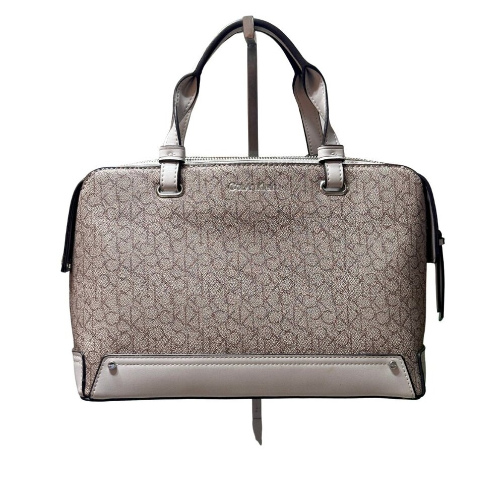Calvin Klein Signature Logo Satchel Handbag - Taupe/Silver